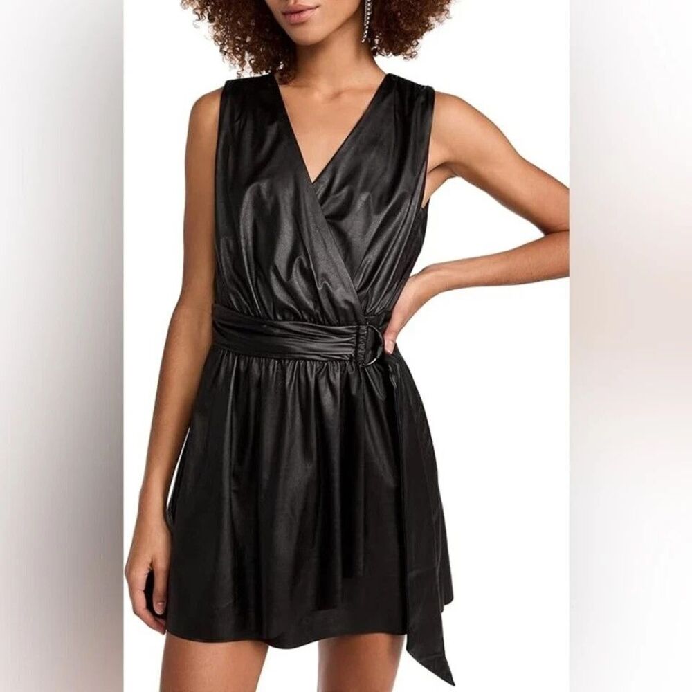 Ramy Brook women Lily Black Tie Wrap Vegan Faux Leather Mini Dress size 14 $425 - Picture 3 of 13